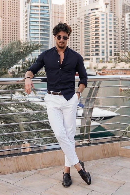 Black shirt and white pant combination for men